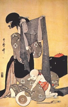 日本 Painting - ドレスを作る女性たち 喜多川歌麿